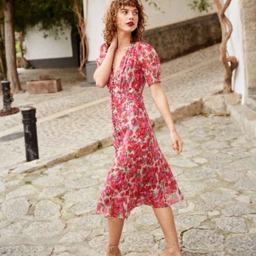 OPT pink floral midi length dress w shimmer detail NWOT